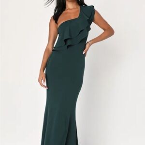 Lulu's Grand Beauty Emerald Ruffled One-Shoulder Mermaid Maxi Dress